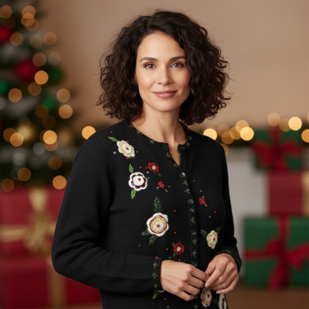 Embroidered Floral Holiday Cardigan Sweater Matching Scarf M Button Front Black
